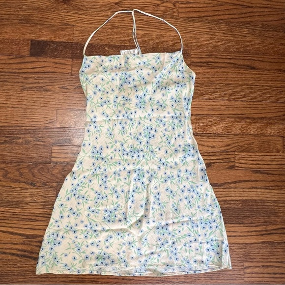 ZARA NWT Women's Cream w Blue Green Floral Slip Dress Straps Cut Out Back Size M - Picture 5 of 6